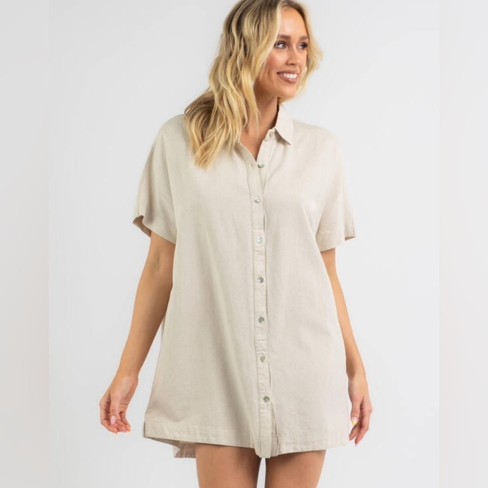 NWT Coastal Comfort‎ Linen Blend Beige Button Down Tshirt Dress XXL
